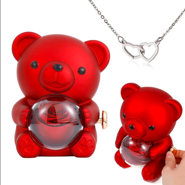 Orsetto Rosa Eterna - Con collana e rosa vera 🌹