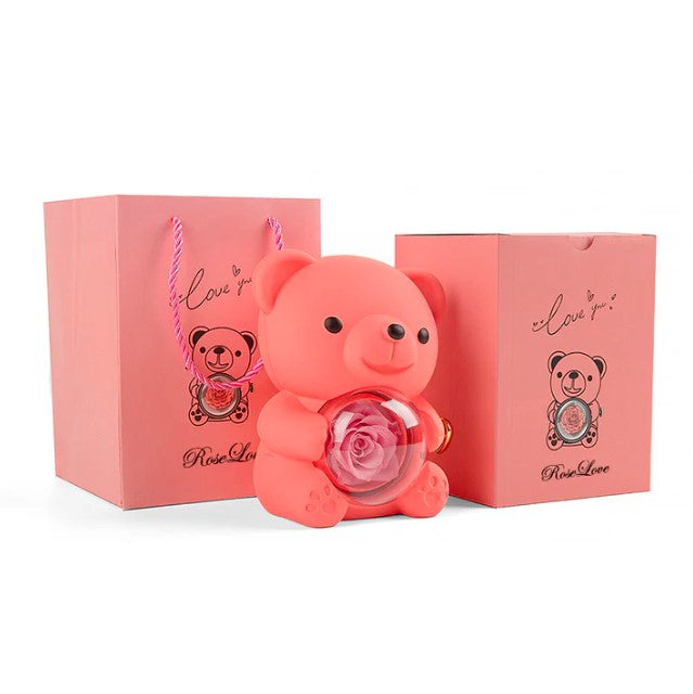 Orsetto Rosa Eterna - Con collana e rosa vera 🌹