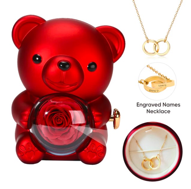 Orsetto Rosa Eterna - Con collana e rosa vera 🌹