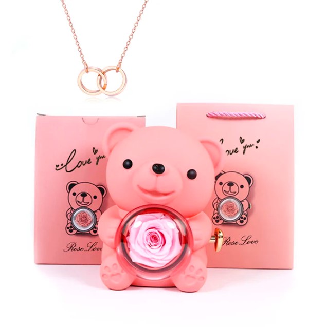 Orsetto Rosa Eterna - Con collana e rosa vera 🌹