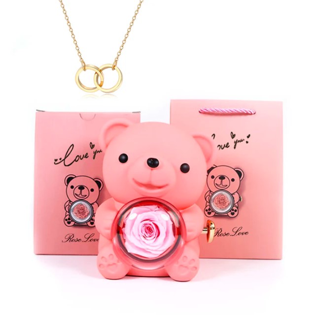 Orsetto Rosa Eterna - Con collana e rosa vera 🌹