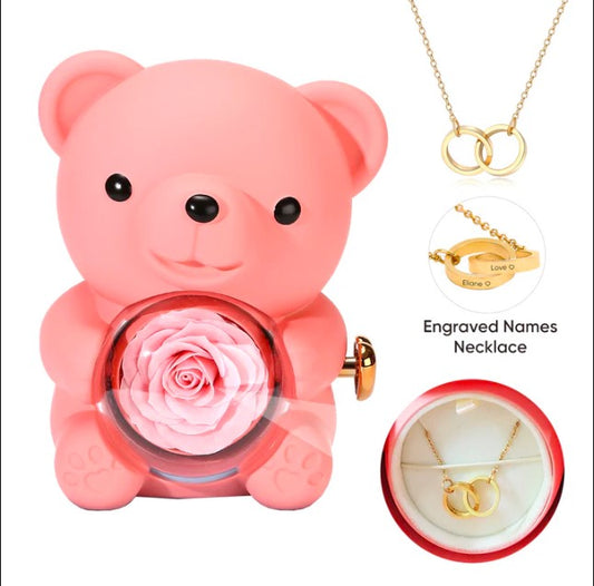 Orsetto Rosa Eterna - Con collana e rosa vera 🌹