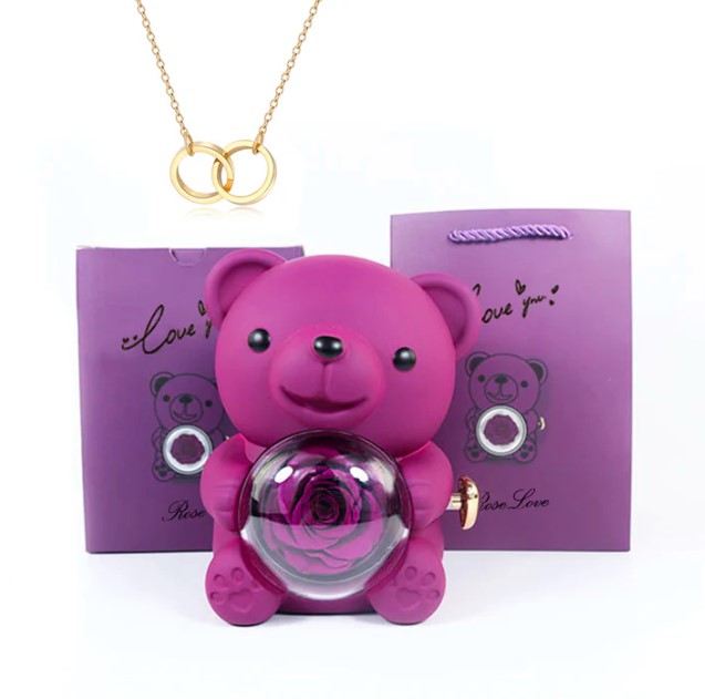 Orsetto Rosa Eterna - Con collana e rosa vera 🌹